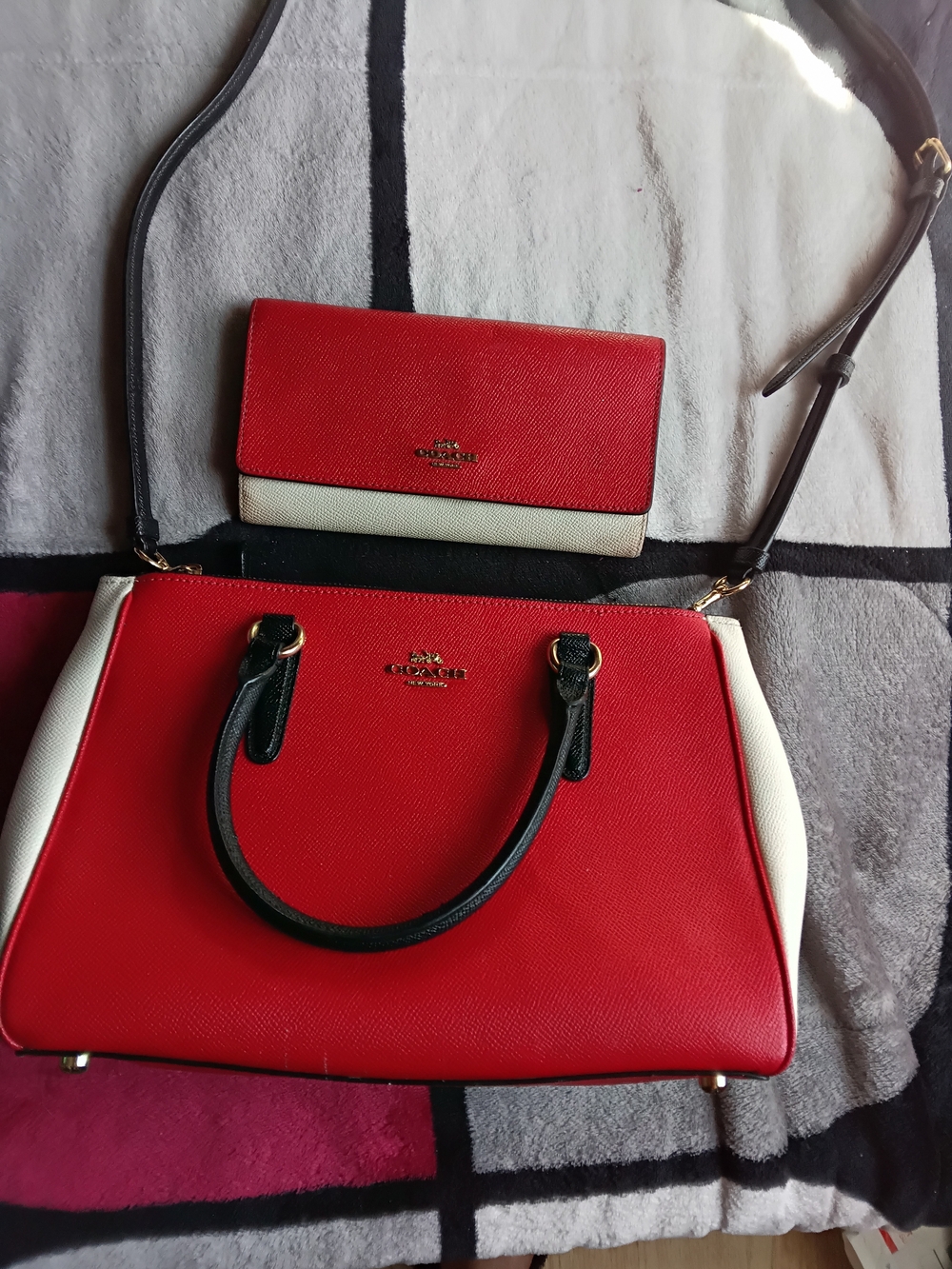 Coach Red and White Leather Satchel with Matching Wallet